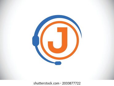 Initial J monogram letter alphabet and support service with headphones. Headphone logo. Hotline customer advice, call center help. Modern vector logo for business and company identity.