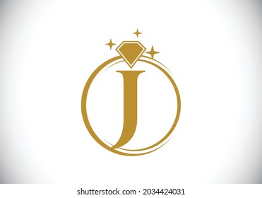 Initial J monogram letter alphabet in a circle with Diamond. Diamond ring logo. Jewelry logo design concept. Modern vector logo for business and company identity.