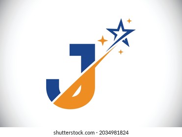 Initial J monogram letter alphabet with swoosh and star logo icon. Abstract star logo sign symbol design. Modern vector logo for business and company identity.