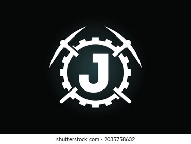 Initial J monogram letter alphabet with pickaxe and gear sign. Mining logo design concept. Modern vector logo for mining business and company identity.