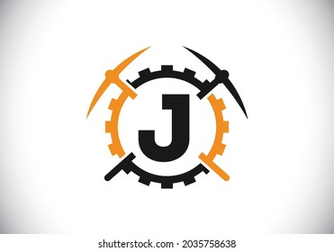 Initial J monogram letter alphabet with pickaxe and gear sign. Mining logo design concept. Modern vector logo for mining business and company identity.