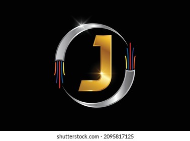Initial J monogram letter alphabet with electric wire, optical fiber cable. Font emblem.