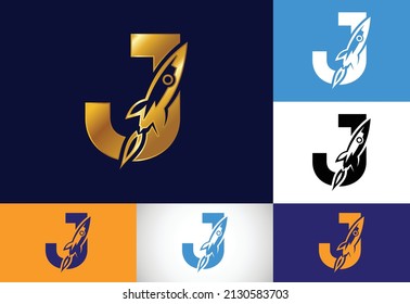 Initial J monogram letter alphabet with a Rocket logo design. Rocket icon. Font emblem. Modern vector logo for business and company identity.