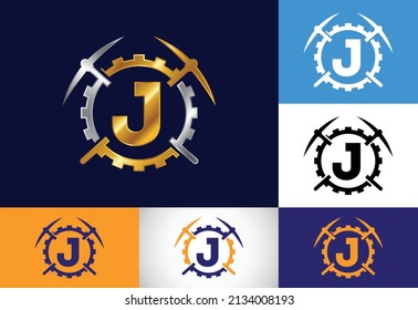 Alfabeto inicial J monograma con pickaxe y señal de engranaje. Concepto de diseño del logotipo de minería. Logotipo vectorial moderno para la identidad empresarial y empresarial de la minería