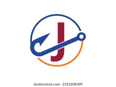 Initial J monogram letter alphabet with fishing Hook. Fishing logo concept vector illustration