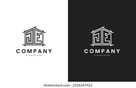 Initial JE home logo with creative house element in line art style vector design template