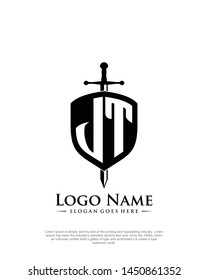 initial JT letter with shield style logo template vector