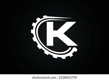 Alfabeto K inicial con un engranaje. Diseño del logotipo del ingeniero de engranajes. Logotipo para automoción, mecánica, tecnológica, configuración, reparación de negocios e identidad de la empresa