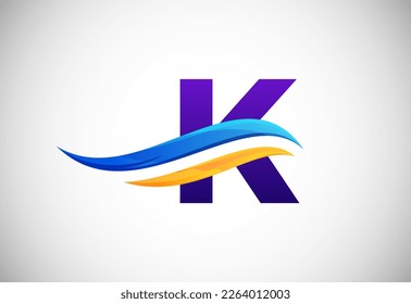 Initial K alphabet with swoosh or ocean wave logo design. Graphic alphabet symbol for corporate business identity