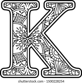 initial k in black and white with doodle ornaments and design elements from mandala art style for coloring. Isolated on white background