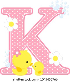 initial k with bubbles and cute rubber duck isolated on white. can be used for baby girl birth announcements, nursery decoration, party theme or birthday invitation. Design for baby girl