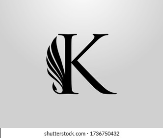 Initial K Classic Wing Logo. Heraldic K Letter Design Vector with Wing and Tale Shape Design.