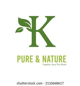 Initial K Green Letter and Leaf for Modern Beauty Nature Cosmetic, Vegan, Environmental, Nutrition Consultant Service Company Logo Idea