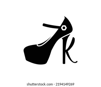 Initial K High Heel Trendy. High heels simple illustration. Women's Shoe Minimalistic Black Lines Drawing. Female Elegant Shoe Continuous One Line Abstract Illustration. Vector EPS 10	