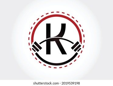 Initial-K-Buchstaben-Alphabet mit Barbell. Heben des Vektorlogos-Designs. Modernes Vektorlogo für den Aufbau, den Fitnessraum, die Fitness und die Unternehmensidentität