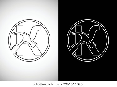 Initial K letter alphabet with a Hammer. Repair, renovation, and construction logo. Line art style logo