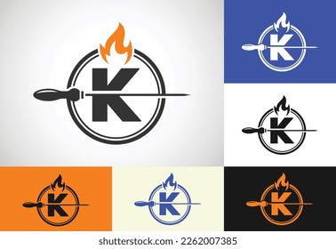 Initial K letter alphabet with a skewer and fire flame. Logo design for Barbecue, Seekh Kebab, etc.