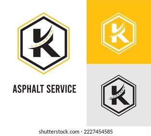 Letra K inicial con asfalto y símbolo de pavimentación para el logotipo de asfalto y la plantilla de diseño de negocio de transporte