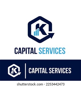 Initial K Letter with Bar Chart and Up Growing Arrow for Finance, Capital Business Services Logo Idea Template