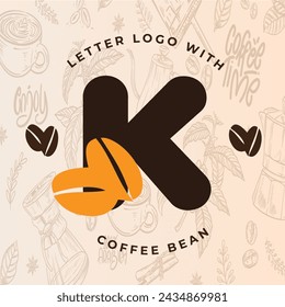 Initial K letter with Coffee Cup, Coffee Bean, Liquid for Coffee Shop, Restaurant, Cafe, Beverage Business Simple and modern Logo