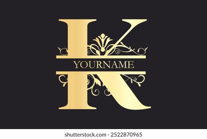 Initial k letter floral Split Letter Monogram,luxury Wedding invitation Monogram Design,gold color on black background