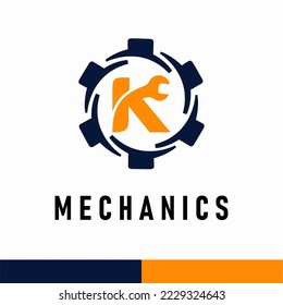 Initial K Letter with Gear and Wrench symbol for mechanic automotive repair business service logo template