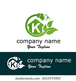 Initial K Letter with leaves and broom for  home maintenance, home care, or cleaning service modern logo idea
