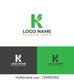 Initial K letter leaves with water droplets. Minimalist and modern cannabis leaf design