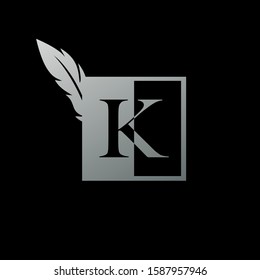Initial  K Letter Logo icon Square  Feather. Vintage design concept  geometric square  feather element and outline letter logo icon for corporate, lawyer, notary, firm and more brand identity.