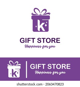 
Initial k Letter on Gift Box for Simple Modern Gift Store Retail Business Logo. Present, Surprise toys anniversary shop Logo Design Template
