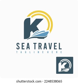 Initial K Letter with Ship Marine, Wave and Sun Icon for Travel Holiday Agency Business Logo Idea Template