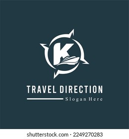 Initial K Letter with Ship Marine and Compass Icon for Travel Guide Navigation Business Logo Idea Template