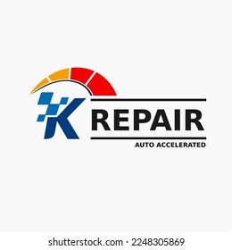 Initial K Letter with Speedometer, Race Icon for Automotive Company Logo. Motor Transportation Accelerated Service Store Logo Template