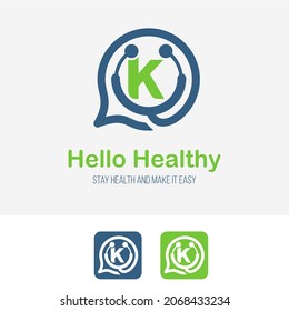 Initial k Letter with stethoscope and bubble speech for health care consultant service business logo design template. Hospital Clinic Call Center Icon Symbol design template.