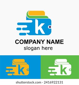 Letra k inicial con aceleración de cartera y velocidad, Idea de logotipo simple de pago rápido en línea. Concepto de vectores de cartera digital. 