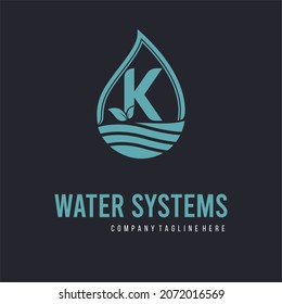 Initial K Letter  With Water Drop And Leaf For Water Drainage, Sanitation, Purified, Repair, Cleanup, Maintenance Water System Service Company Logo Vector Idea