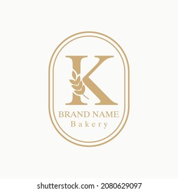 Initial K Letter with Wheat Grain for Bakery, Bread, Cake, Cafe, Pastry, Healthy Food, Cafetarian, Home Industries Business Logo Vector Idea 