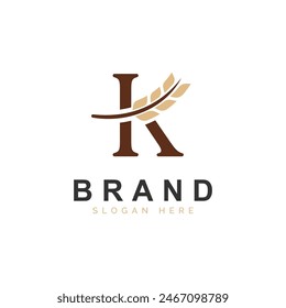 Initial K Letter with Wheat Grain for Bakery, Bread, Logo Design Vector Icon Illustration