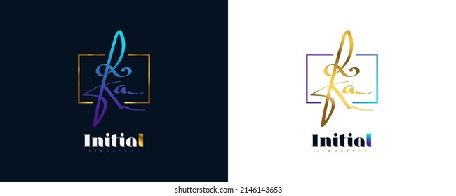 Initial K and A Logo Design in Blue Minimalist Handwriting Style with Golden Frame. KA Signature Logo or Symbol