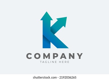 Initial K logo. letter K with arrow in gradient colour logo design inspiration, usable for brand and company logos