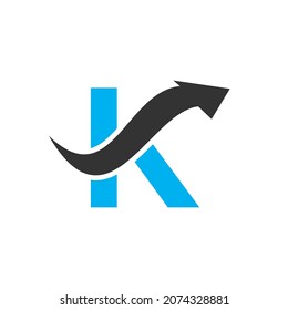 Initial K logo, Letter K And Financial Arrow Combination Sign. Finance Logo On K Letter Concept. Marketing And Financial Business Logo