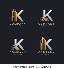 Initial K logo with real estate elements in gold and silver color