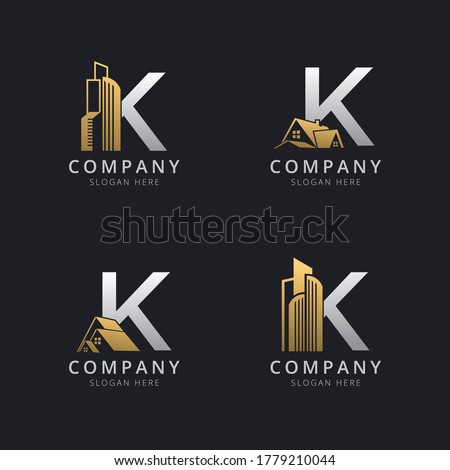 Initial K logo with real estate elements in gold and silver color