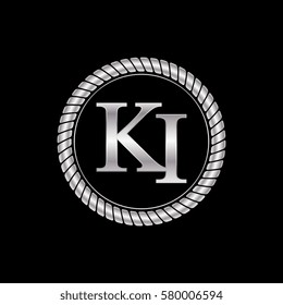 initial k and i logo silver metallic with metal circle rope frame border decorative