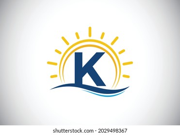 Initial K monogram alphabet with abstract sun and wave. Ocean sun logo design. Font emblem. Modern vector logo for a business, and company identity