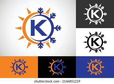 Initial K monogram alphabet with abstract sun and snow. Air conditioner logo sign symbol. Hot and cold symbol.