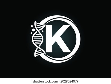 Initial K monogram alphabet in a circle with DNA. Genetics logo design concept. Font emblem. Logo for medicine, science, laboratory, business, and company identity