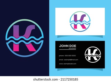 Initial K monogram alphabet in a circle with water waves. Water wave logo design