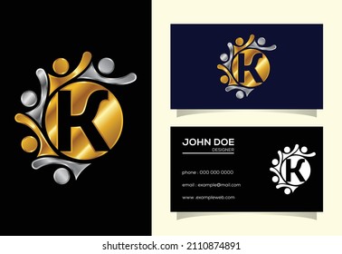 Initial K monogram alphabet with connecting people. Team, cooperation logo sign symbol.