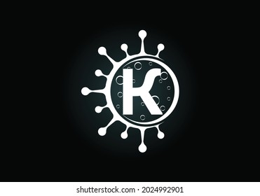 Initial K monogram alphabet with Coronavirus cells. Lab logo sign symbol design vector Illustration. Font emblem. Corona virus (Covid-19). Stop Coronavirus